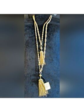 Vintage Coro Goldtone Beaded  Multi Strand Necklace Tassels NWT NOS 74" Long